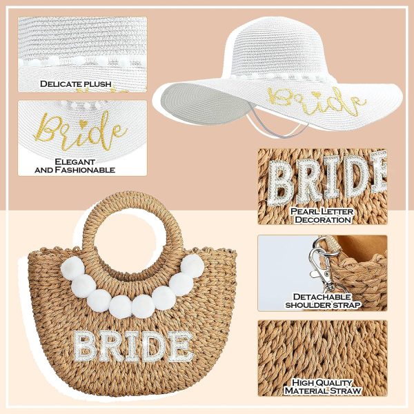 Hillban 4 Pcs Bride Gifts Set Bridal Shower Gifts Bride Sun Hat Pearl Letters Straw Bag Beach Swimsuit Sunglasses for Wedding Engagement Bachelorette Party - Image 4