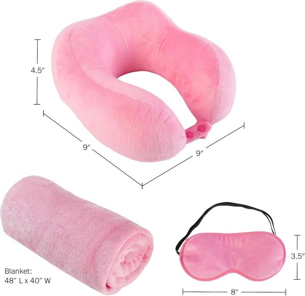 Home-Complete Travel Pillow Set - Memory Foam Pillow, Fleece Blanket, and Eye Mask - Travel Essentials for Airplanes, Trains, Cars, Buses (Pink) - Image 2