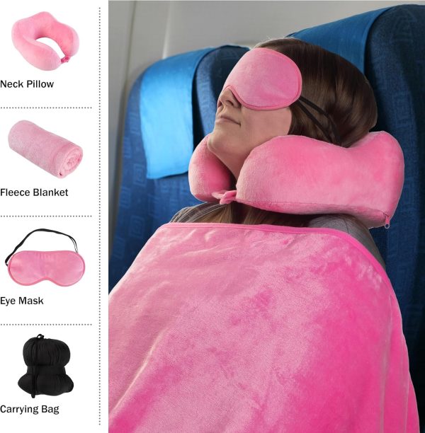 Home-Complete Travel Pillow Set - Memory Foam Pillow, Fleece Blanket, and Eye Mask - Travel Essentials for Airplanes, Trains, Cars, Buses (Pink) - Image 7