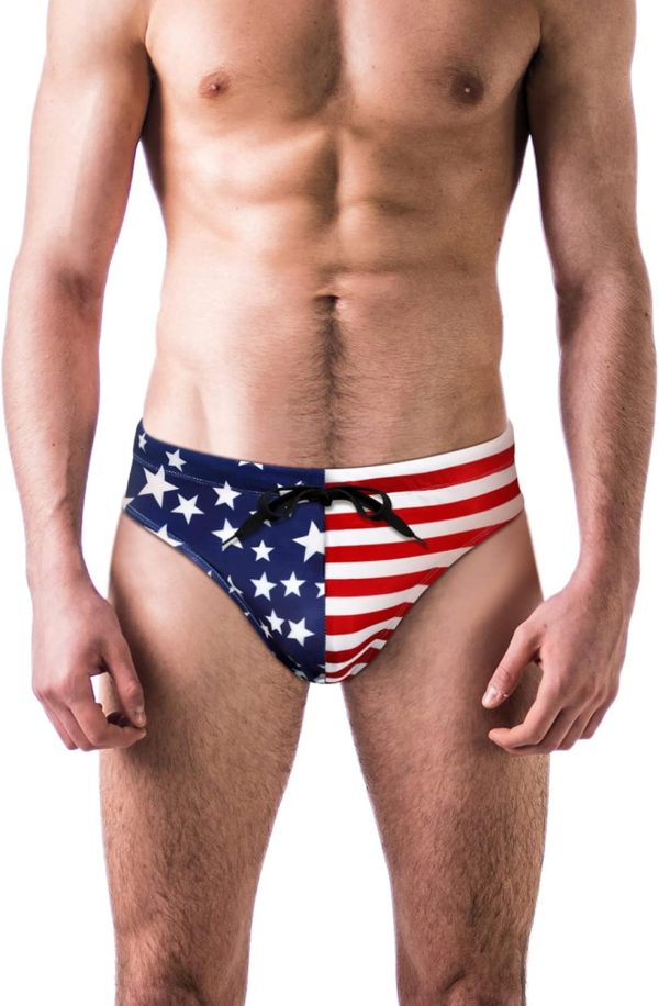 Mens Thong Swimwear USA Flag Stars Bikini Briefs Drawstring Beach Swimsuit Ball Hat American Flag Sunglasses - Image 2