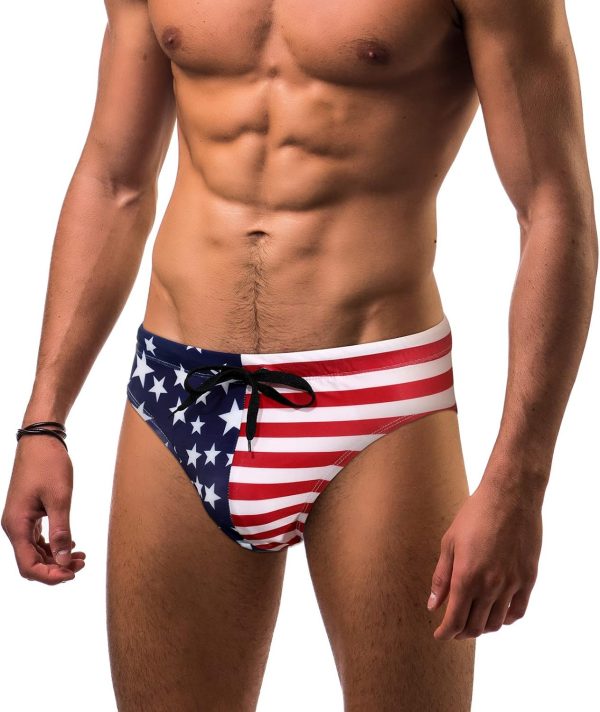 Mens Thong Swimwear USA Flag Stars Bikini Briefs Drawstring Beach Swimsuit Ball Hat American Flag Sunglasses - Image 3