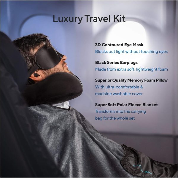 Travel Blanket Luxury Travel Set - Ergonomic Airplane Neck Pillow 100% Pure Memory Foam and Super Soft Fleece Blanket - Premium 3D Sleep Mask & Earplugs - Ultimate 4-in-1 Travel Kit Black - Image 2