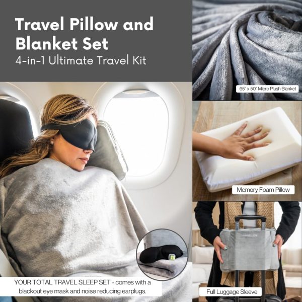 Travel Pillow and Blanket Set & Foot Rest, Memory Foam Neck Pillow Airplane Blanket & Airplane Foot Hammock & Foldable Duffel Bag, Eye Mask & Earplugs, Portable Travel Accessories Essentials, Black - Image 5